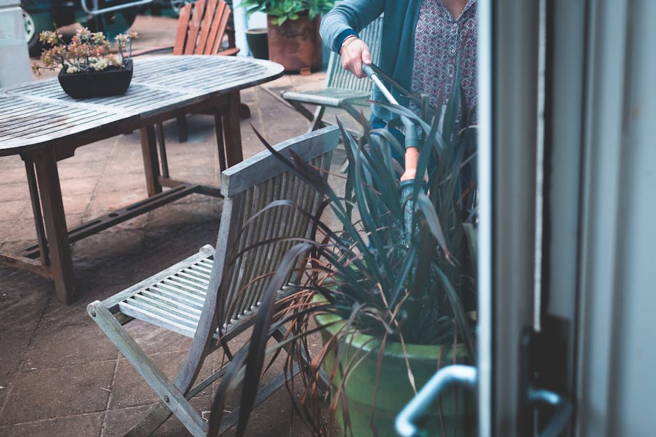 A person is engaged in garden maintenance on a terraced outdoor patio, using a grass trimmer to trim tall, dark green, spiky-leaved plants situated in large green pots. The patio features a wooden tab